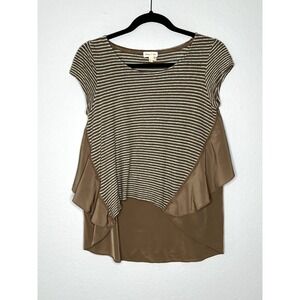Anthropologie Meadow Rue Linen Blend Side Swing Striped Top Small Brown